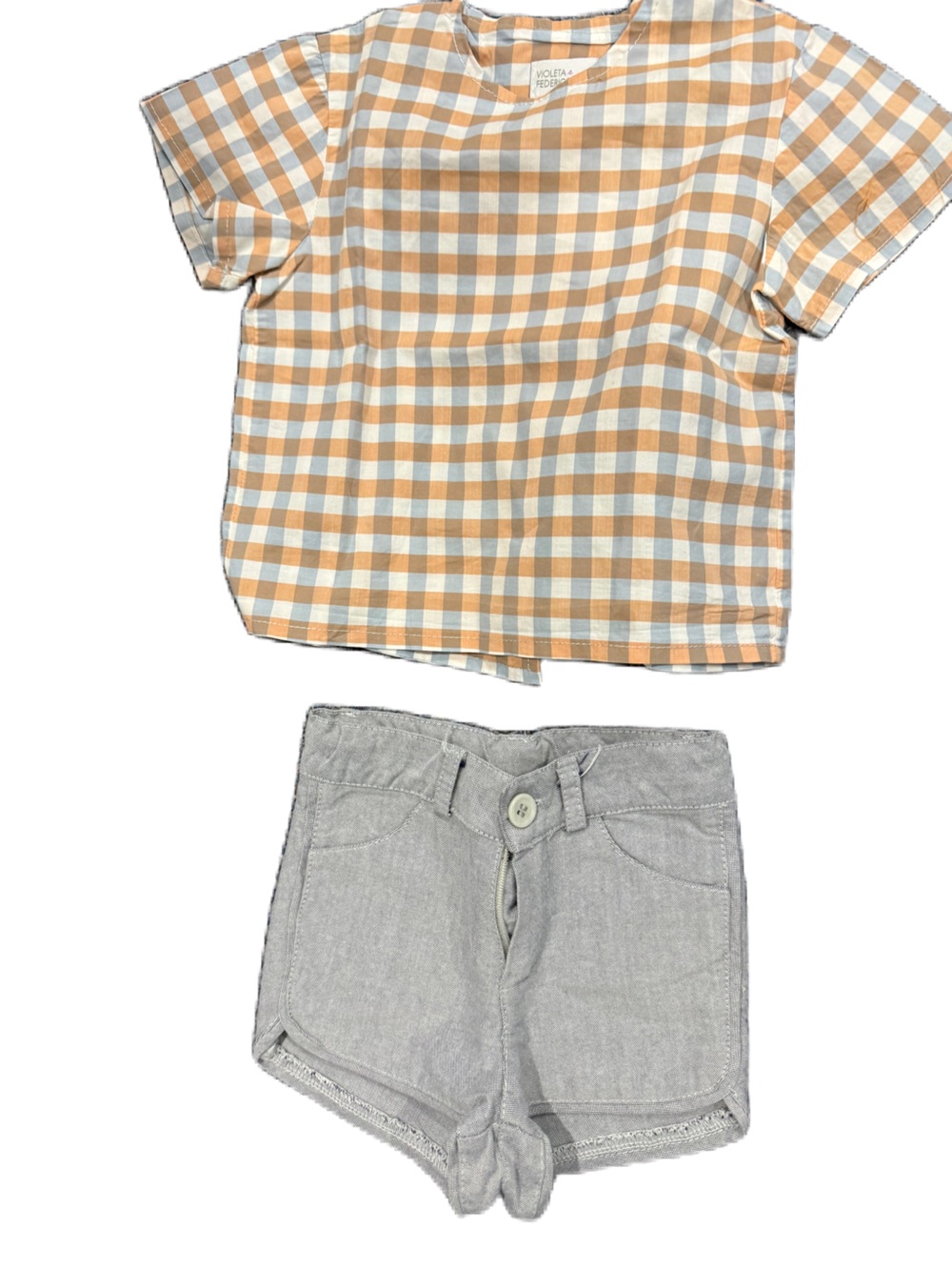 Violeta & Federico Kids Beige Gingham Shirt & Gray Shorts Set 18M